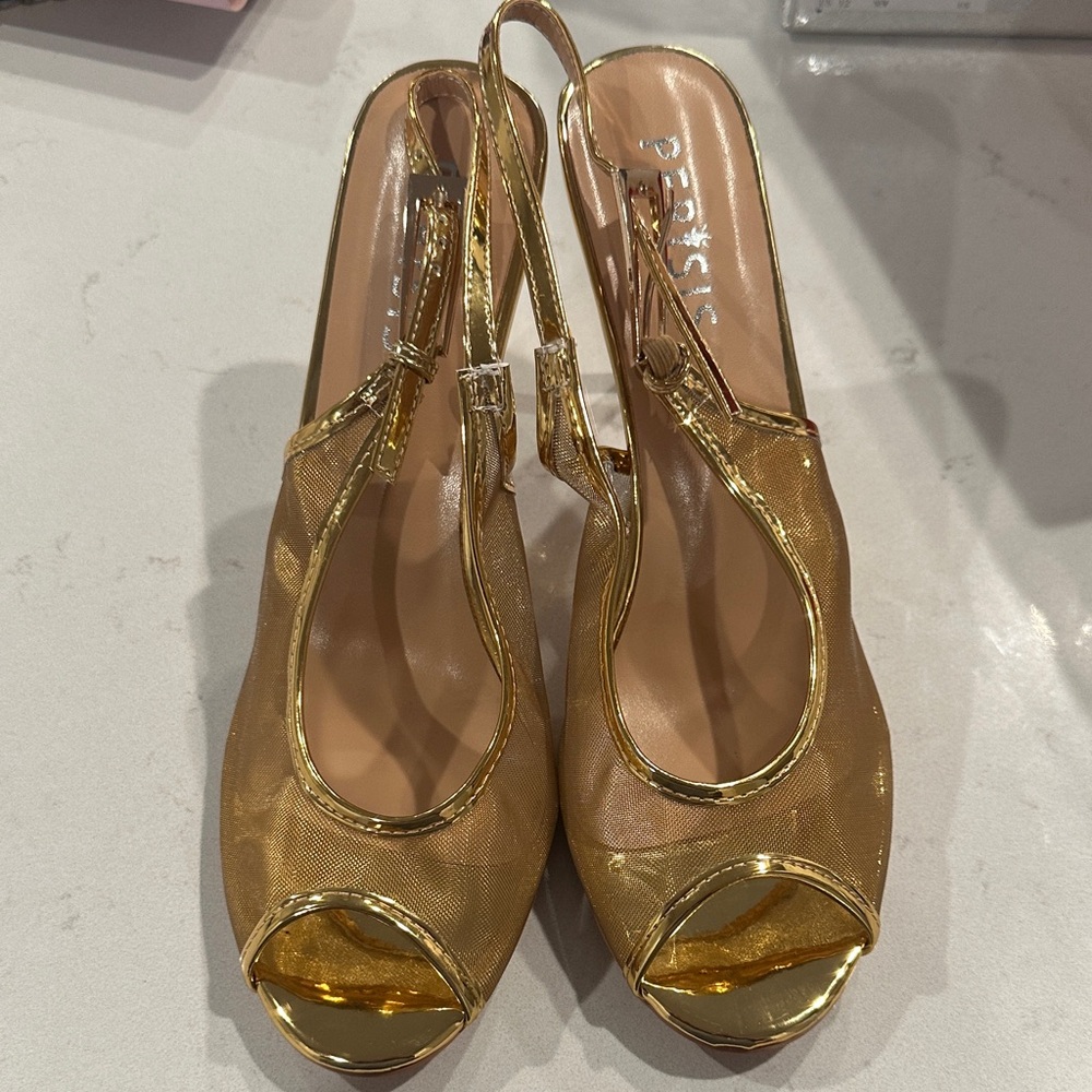 Gold Peep-Toe Slingback Heels